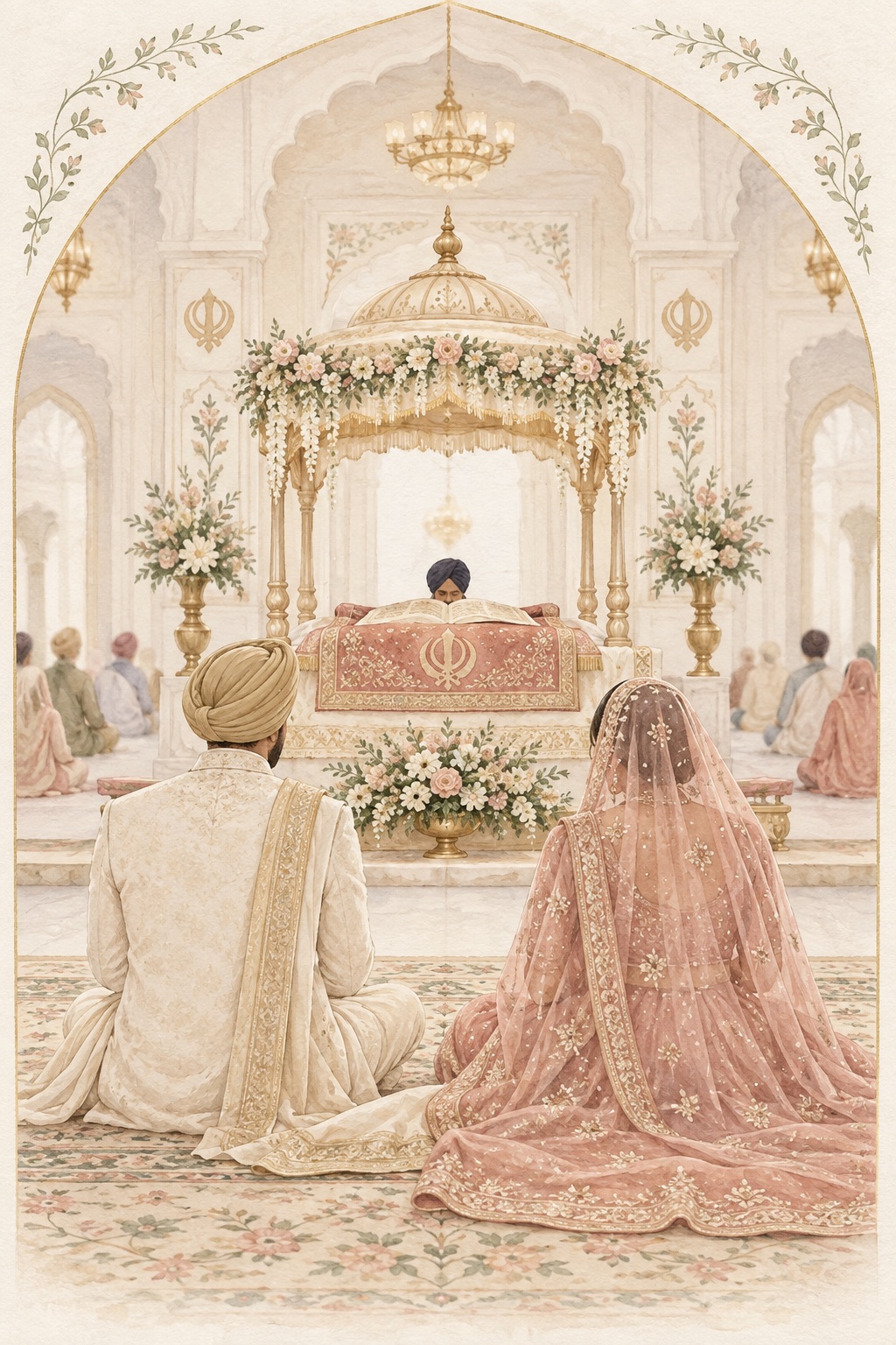 Watercolour illustration of an Anand Karaj ceremony